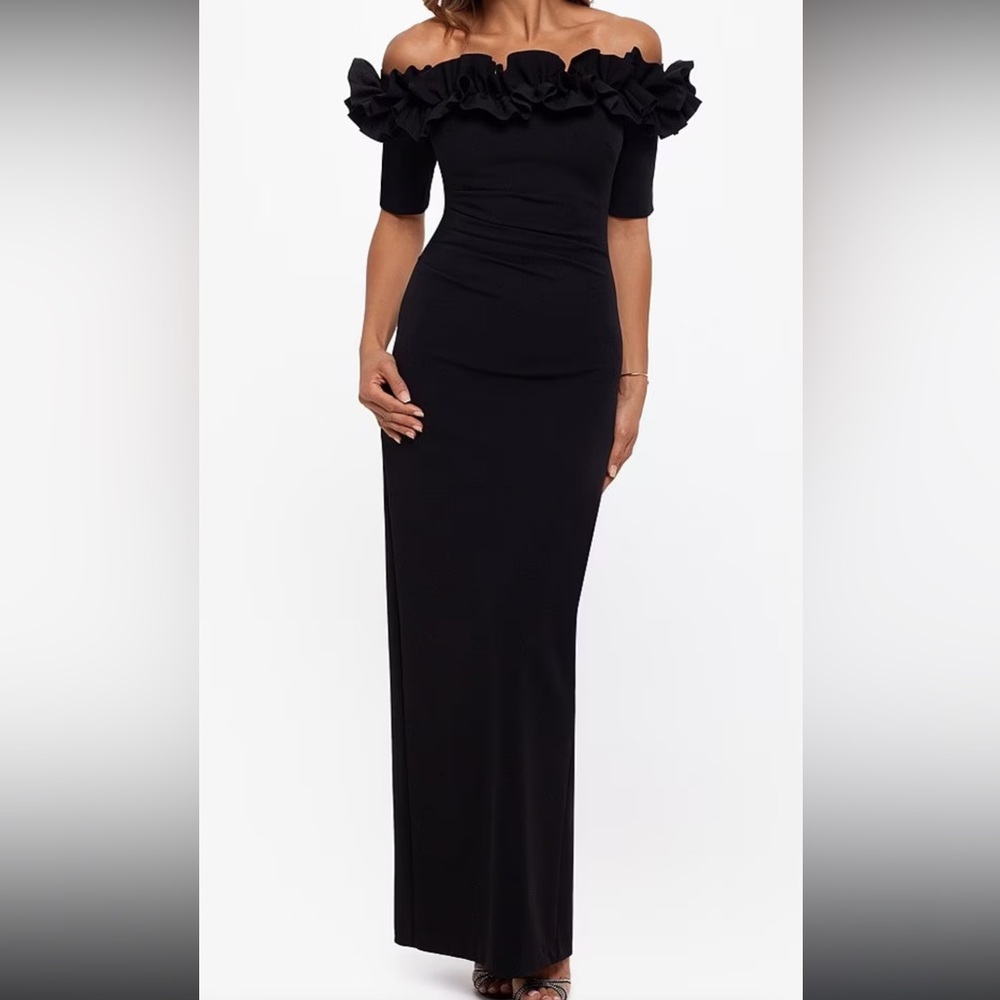 Ruffled Off-the-Shoulder Short Sleeve Crepe Sheath Gown